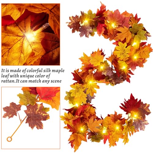 Fall Maple Leaf Garland with Yellow Lights, 2PCS Thanksgiving Artificial Hanging Fall Leave Vines with 20 LED, Yellow Floral Garlands Halloween Autumn Decor for Home Wedding Party (11.8FT) - color: 2 Yellow With 2 Yellow Lights