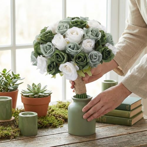 Hoteam 72 Heads White Green Artificial Rose Flowers 6 Bouquet Wedding Decoration Faux Flower Arrangement Bouquet with Stem Bridal Shower Gift Floral Centerpiece for Tables - color: White Green