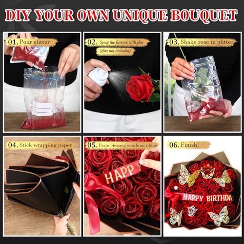 Thiccywoov Valentine Glitter Roses Bouquet (exclude Rose & Glue) DIY Roses with Glitter Powder Flower Wrapping Paper Letter Stickers Bags for Mothers Day Birthday Wedding Graduation Xmas Gifts(Red) - color: Red