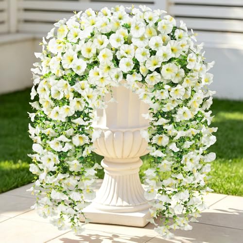 Artificial Hanging Flowers for Outdoors, 6Pcs UV Resistant Morning Glory Vines Fake Flowers with Eucalyptus, Realistic Silk Faux Hanging Plants Decor for Outside Planter Porch Patio (White) - color: White