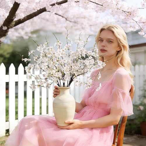 Artificial Cherry Blossom Branches 27.6In Silk Cherry Blossom Branches Long Stem Artificial Flowers for Tall Vase, for Home Decor, Spring Decor,Weddings Decor, Party&Festival Gifts 12PCS,White - color: 12pcs White
