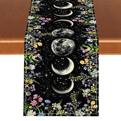 Wild Floral Table Runner, Boho Spring Gothic Moon Phase Wildflower Mystical Witchy Farmhouse Coffee Table Center Decor for Home Kitchen Dining Patio Holiday Party Table Decorations 13x36 inches - color: Tr-moon05, size: 13x36" Table Runner