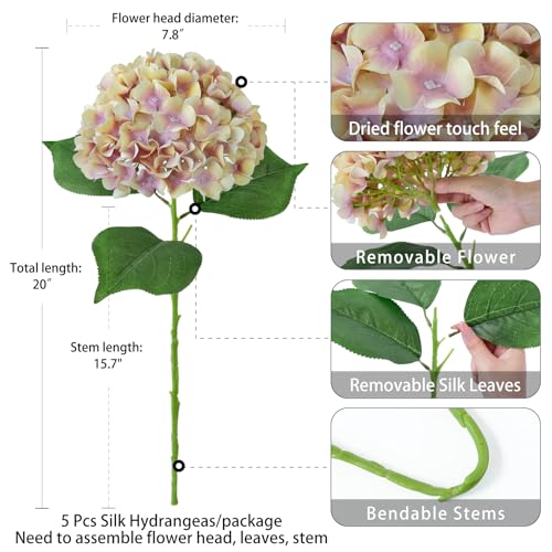 ZYTUYO 5 Pcs Champagne Mauve Silk Hydrangeas Artificial Flower Boho Dried Touch 20'' Faux Hydrangeas for Indoor Home Decor Kitchen Living Room Outdoor Porch Wedding Flower Arrangement - color: Champagne Mauve