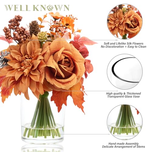 WELL KNOWN Artificial Flowers in Glass Vase, Burnt Orange Silk Rose Dahlia Flower Pine Berry Bouquet with Fake Water for Winter Home Dinning Coffee Table Wedding Chritmas Party Kitchen Decor & Gift - color: Burnt Orange Maple