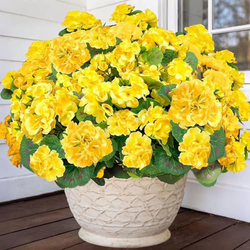 TURNMEON Artificial Geraniums Flowers for Outdoors Summer Decoration, 4 Bundles Fake Flowers Silk Yellow Flowers UV Resistant No Fade Faux Plants for Planter Gardens Table Porch Indoor Cemetery Decor - color: Yellow
