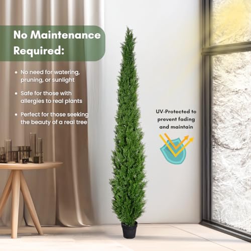 8 Feet Pre-Potted Evergreen Outdoor Artificial Cedar Tree for Front Porch Decor, Outdoor Entryway Decor Fake Tree, Tall Faux Privacy Trees for Backyard with UV Resistant Coating (1 Pack) - style: 1 Pack