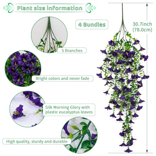 4 Pack Artificial Faux Hanging Flowers Plant for Outdoor, Fake Silk Morning Glory with Eucalyptus UV Resistant Realistic Trailing Vine for Wall Home Porch Patio Balcony Yard Indoor Decor, Purple - color: Purple
