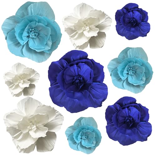 BRT Bearingshui Crepe Paper Flowers Decoration for Wall Total 9 Pcs, Artificial Flowers Backdrop for Wedding Decor Baby Bridal Shower Birthday Party, Navy Light Blue White 3D Wall Flowers Decor - color: Blue White