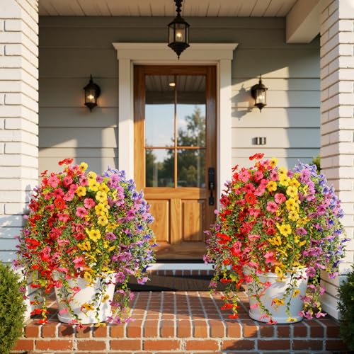 Artificial Hanging Flowers for Outdoor Decor, 6 Bundles UV Resistant Faux Silk Flowers, Fake Hanging Plants for Porch Patio Yard Planter Indoor Home Decoration(Fuchsia, Red, Purple, Yellow, Blue) - color: 5 Multicolor