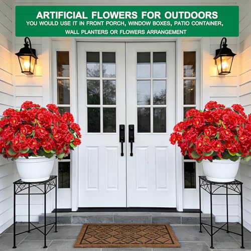 8 Bundles Artificial Geraniums Flowers for Outdoors Summer Decor, Fake Cemetery Flowers Silk Red Flower UV Resistant No Fade Faux Plants for Hanging Porch Garden Home Planter Patio Cemetery Decor - color: Red