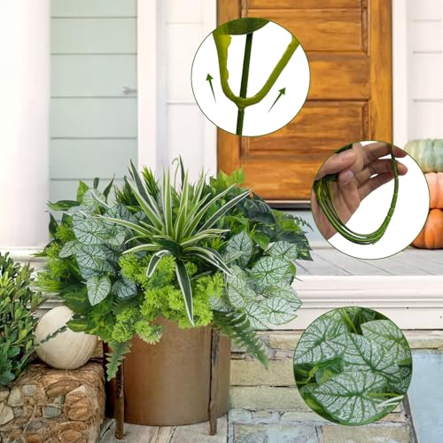 18 Bundles Artificial Greenery for Outdoors, Artificial Outdoor Plants UV Resistant Fake Spider Fern Coleus Plant Faux Bushes Leaves for Outside Window Box Patio Garden Front Porch Yard Summer Decor - color: Green-18pcs
