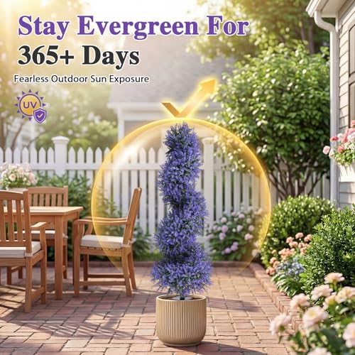 PATIO CHOICE 3ft Artificial Topiary Spiral Trees with Lavender Set of 2 High End Outdoor Faux Plants Realistic Fake Bushes Lilac Shrubs Decorations for Outdoor Front Porch Garden - color: Spiral Lavender, size: 3ft