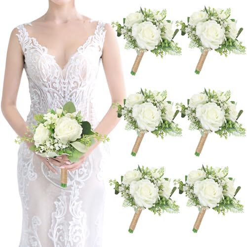 Bridesmaids Bouquets Set of 6 Ivory White Artificial Flowers 7 Inch Bridesmaid Bouquet Wedding Pre-Made Rustic Rose Small Floral Bouquets for Bridal Shower Marriage Proposal Party Anniversary Decor - color: Ivory White, size: 6pcs