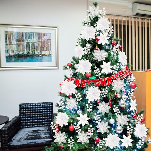 Sggvecsy 30 Pcs 3 Styles Christmas Glitter Poinsettia Flowers Artificial Berry Picks Christmas Tree Ornaments Artificial Christmas Flowers with Clips for Xmas Wedding Wreath Floral Decorations(White) - color: White
