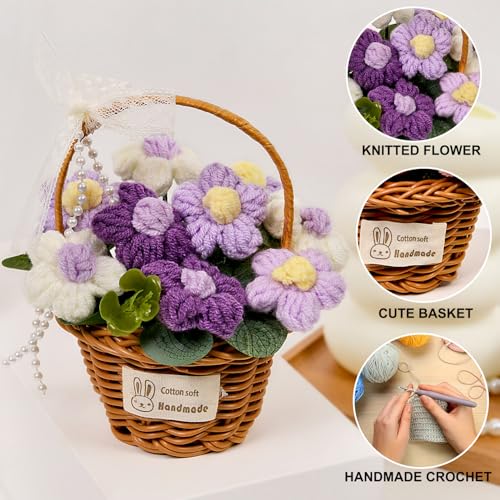 Crochet Sunflowers Bouquet, Handmade Knitted Sunflower Basketed for Mom, Friends, Teacher Appreciation Gifts, Desk Decor, Christmas, Graduation, Cute Birthday Gifts for Woman (Basket Purple) - color: Basket Purple