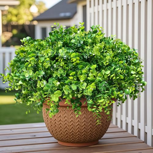 HyeFlora Artificial Plants for Outdoors Outside Spring Summer Decoration, 12 Bundles Faux Eucalyptus Leaves Stems Bulk Fake Greenery Branches Look Real UV Resistant for Home Porch Patio Planter Yard - color: Green Eucalyptus