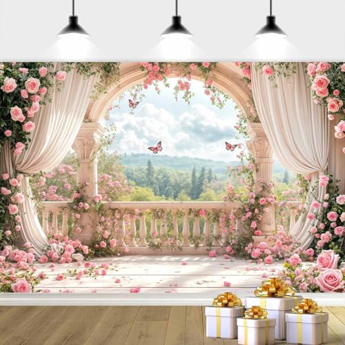 5X3ft Pink Floral Photography Backdrop, Retro Flowers Photography Backdrop Dreamlike Wedding Portrait Photo Background Wedding Birthday Party Background Banner Decor, Pink-1 - color: Pink-1, size: 5x3ft