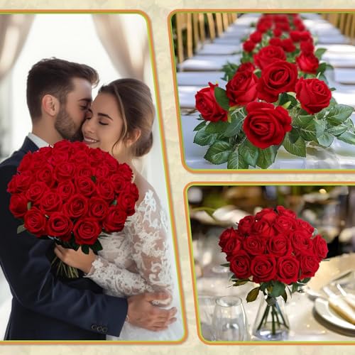 100 PCS Fake Red Roses, Artificial Red Flowers Bulk Realistic Silk Faux Rose with Stems for Wedding Decoration Anniversary Bridal Bouquet DIY Floral Arrangement Romantic Home Decor Gifts - color: Red, size: 100 Pcs