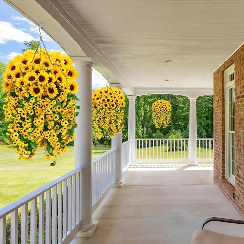 Zythrem 2 Set Artificial Flower Hanging Baskets Fake Sunflower Baskets Outdoor UV Resistant Fake Hanging Plants Baskets for Front Porch Patio Garden Yard Home Spring Summer (Yellow) - size: 27in