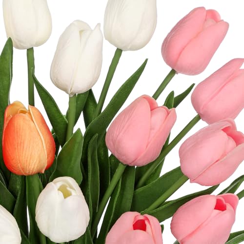 20 Pcs Artificial Tulips Flowers Mixcolor Real Touch Fake Tulips Fake Flowers for Mother's Day 13.5" Faux Tulips Faux Flowers Bulk Artificial Tulips Flowers for Vase Centerpieces Home Wedding Bouquet - color: Mixcolor Style1 #20