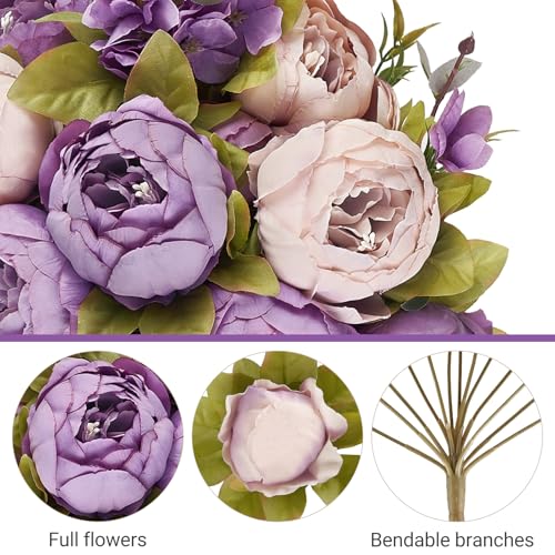 Mkono Peonies Artificial Flowers, 2 Packs 13 Stems Faux Peony Flowers Real Touch Fake Silk Bouquet for Arrangements Dining Table Centerpieces for Kitchen Bridal Wedding Party (2, Purple) - color: Purple