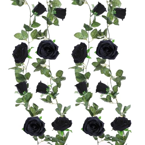 Felice Arts 2 Pack Black Artificial Flower Garland Each 6.5FT Fake Rose Vine Hanging Rose Garland for Wedding Flowers Table Arrangement Outdoor Wall Decor - color: Black-2