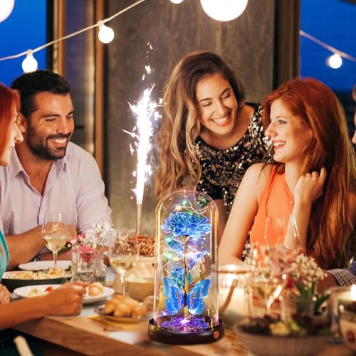 Gifts for Mom Birthday Gifts for Women Blue Rose Eternal Flower USB Light Up Rose in Glass Dome Anniversary Flowers for Delivery Prime Galaxy Crystal Flowers Gifts for Mom Women Wife Grandma - color: Usb-blue