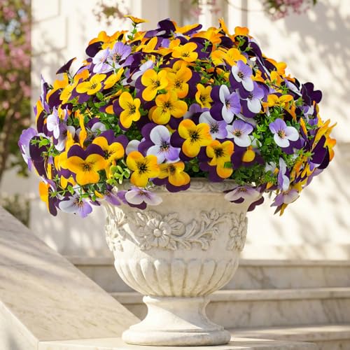 16 Pcs Artificial Pansy Flowers for Outdoor Faux Silk Spring Flowers for Outside, UV Resistant Realistic Pansies for Window, Front Door, Porch and Home Decor (16, Purple, Yellow, White, Light Purple) - color: Purple, Yellow, White, Light Purple