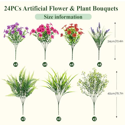 Alupssuc 24 Bundles Artificial Flowers for Outdoors Planters Spring Decoration, UV Resistant Faux Eucalyptus Violet and Lavender Silk Fake Plants for Outside Indoor Yard Home Patio Decor, Mix 3 Colors - color: Red Rose Purple