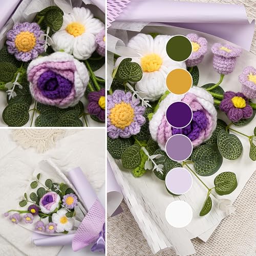 Crochet Flower Bouquet, Handmade Knitted Faux Crochet Flowers for Home Decor Valentine’s Day Anniversary Weddings Birthdays Mother’s Day, Includes Gift Bag and Greeting Card (Purple) - color: Purple
