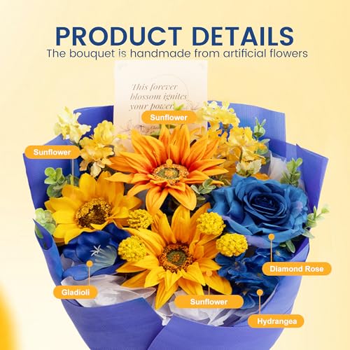 TINGE TIME Preserved Flowers Bouquet, Sunflower and Rose Bouquet, Flowers for Delivery, Graduation Gifts Teacher Appreciation Gifts Birthday Flowers Gifts for Women Mom Grandma Wife Friends - color: Sunflower&RoyalBlue