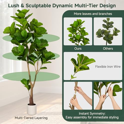 6ft Artificial Fiddle Leaf Fig Tree Tall Large Realistic Fake Ficus Lyrata Plant for Indoor Home Decor Office Living Room Floor Plant Modern Farmhouse Silk Tree 72 Inch Pet Safe Maintenance Free - size: 6FT