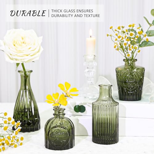 SUPMIND Glass Bud Vase Set of 5, Green Small Flower Vases for Centerpieces in Bulk, Mini Vintage Vase for Rustic Wedding, Home,Table Decoration - color: Green, size: 5Pcs