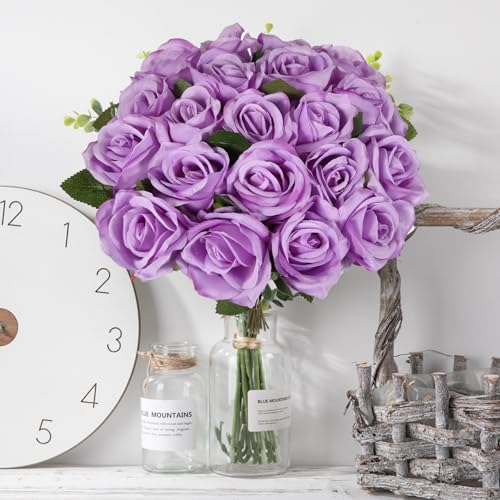 20PCS Artificial Roses with Long Stems - Realistic Silk Flowers, Fake Roses Real Touch Bouquet of Roses for Home Decor, Bridal Wedding Party Table Centerpieces, Bulk Faux Rose Flowers ( Purple ) - color: Purple, size: 20 PCS