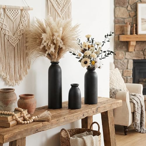 CEMABT Black Ceramic vase Set-3 Flower vases for Decor,Modern Boho Farmhouse Home Decor,Decorative vase for Pampas Grass&Dried Flowers,idea Shelf,Table,Bookshelf - color: 3set-tall Black