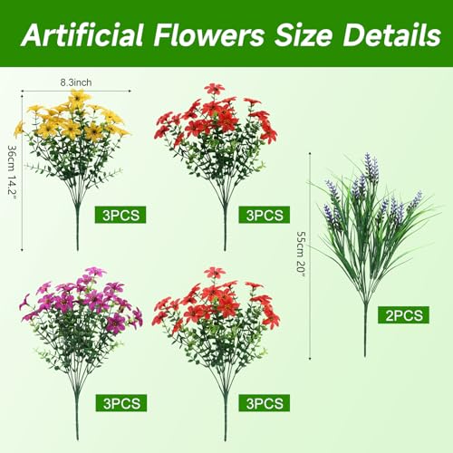 Artificial Flowers for Outdoors UV Resistant, 14 Bundles Fake Flowers Daisy with Lavender Faux Outdoor Plants Silk Flower for Outside Planters Patio Porch Window Garden Yard Spring Summer Decoration - color: Purple Red Orange Yellow