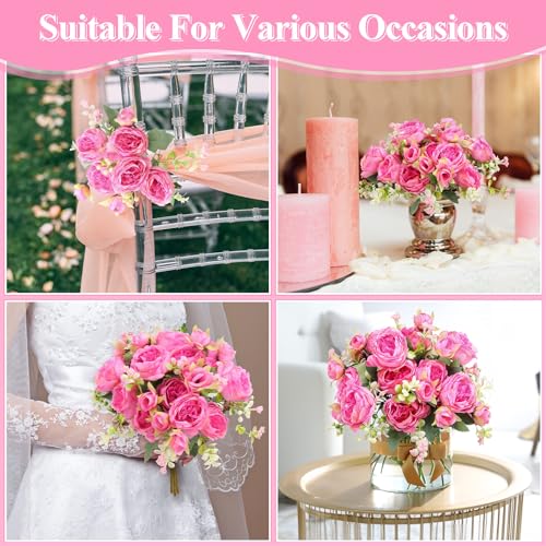 Crowye 4 Bundles Peonies Artificial Flowers Silk Faux Peonies Wedding Artificial Flower Bouquet for Table Centerpiece for Home Wedding Decor Bridal Floral Arrangement(Pink) - color: Pink
