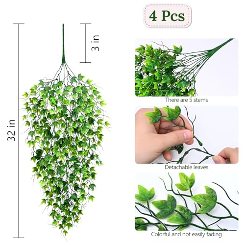 Waipfaru Artificial Hanging Ivy for Outdoors, Fake Hanging Plants, 4pcs Faux Ivy Pothos Vines Greenery for Wall Home Bedroom Living Aesthetic Kitchen Office Aesthetic Kitchen Indoor Outdoor Decor - color: Ivy, size: 4Pcs Plants