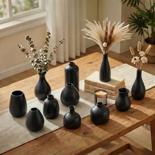 Black Bud Vases, Small Ceramic Vase Set of 11, Mini Pottery Vases for Flowers, Minimalist Boho Small Pampas Grass Flower Vase for Farmhouse Home Decor, Wedding Centerpiece, Shelf and Table Decoration - color: Black – 11-piece Set