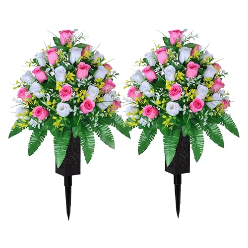 LVXINLI Artificial Cemetery Flowers, Gravesite Decoration Roses, Memorial Bouquets with Cemetery Vase, Vibrant and Long-Lasting Colors (Pink+White, 2 Bundles) - color: Pink+white