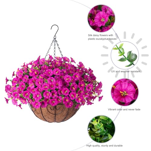 Ivydale Artificial Silk Hanging Plants Flowers Basket for Outdoor Outside Summer Decoration, Fake Faux UV Sun Resistant Look Real Morning Glory Fuchsia for Porch Patio Balcony Home - color: Fuchsia
