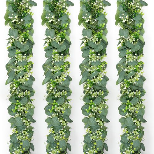 Eucalyptus Garland, 4 Packs 5.9FT Greenery Garland with Gypsophila Flowers Artificial Faux Silver Dollar Eucalyptus Leaves Fake Vines for Indoor Outdoor Table Mantle Home Wedding Decor (4PCS) - color: Style-03, size: 4PCS