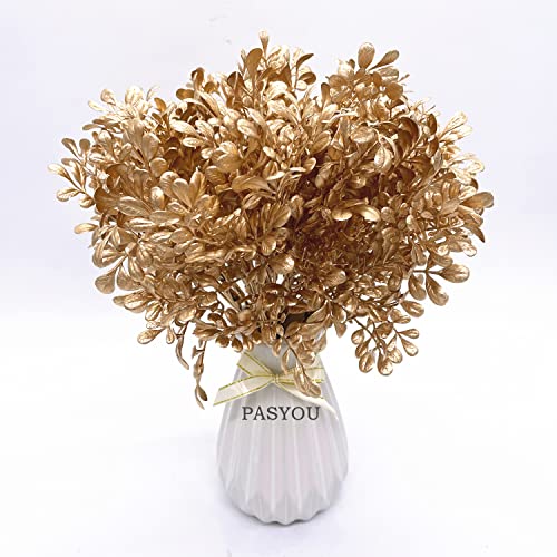 PASYOU Fake Plants Christmas Decorations, Golden Artificial Flowers Leaves Faux Foliage Home Garden Plastic Grass Shrubs Indoor Outdoor Party Hotel Verandah Wedding Event Bouquet Decor - Gold 2 Pack - color: Gold Foliage - 2 Pack