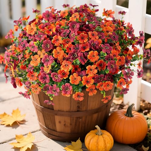 Fall Mums Artificial Flowers for Outdoors Potted, 12 Bundles Fake Fall Daisy Flower with Realistic Eucalyptus Leaves, Fake Plants for Greenery Boxwood Porch Patio Garden Pot Courtyard(Orange Brown) - color: Z-orange Brown