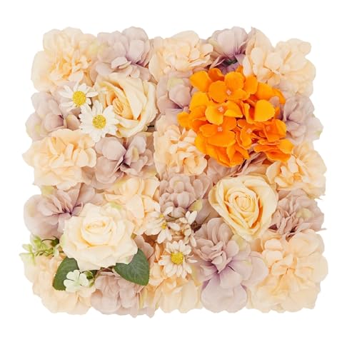 12Pcs Artificial Flower Wall Panel 3D Floral Backdrop Walls 15" X 15" Flower Wall Decor Flower Backdrop Faux Rose Panel for Party Home Background, Champagne and Autumn Warm - color: White, Green