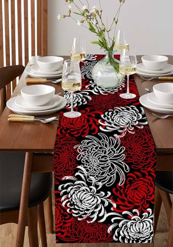 Floral Table Runner-Red Black White Cotton linen-Small 36 inche Dresser Scarves,Flower Tablerunner for Kitchen Coffee/Dining Table Bedroom Home Living Room,Scarf Decor for Summer Spring Holiday Dinner - color: Texturezld1111, size: 13x36 Inch