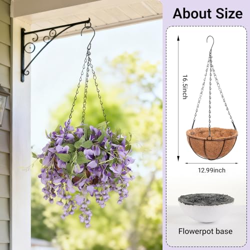 Artificial Hanging Flowers with Basket Plants - Wisteria Hanging Plants for Spring Outdoor Decoration, UV Resistant Fake Flowers Hanging Silk Flowers for Porch Patio Garden Yard Home Decor