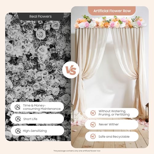 TFCFL Artificial Flower Wall Decor - 100cm Silk Flower Row with Flexible Mounting Rod, Ready to Hang for Balcony Garden Fence Wedding, Realistic No Maintenance Home Decor