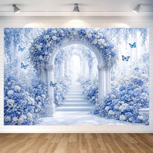 5X3ft Floral Photography Backdrop, Dreamlike Wedding Portrait Photo Background Romantic Blue Flowers Backdrop, Baby Bridal Shower Wedding Birthday Party Background Banner Decor, Blue-1 - color: Blue-1, size: 5x3ft