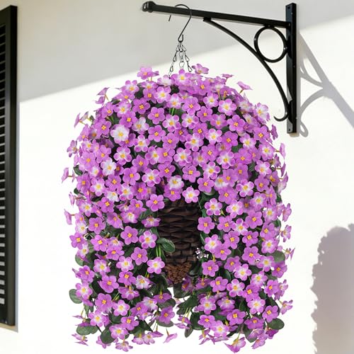 Artificial Hanging Daisy Flowers Plants Baskets for Outdoor Decoration, Fake Silk Light Fuchsia Mums Orchid Trailing Vines in Planter Realistic UV Resistant for Balcony Porch Decor - color: Fuchsia and Light Fuchsia
